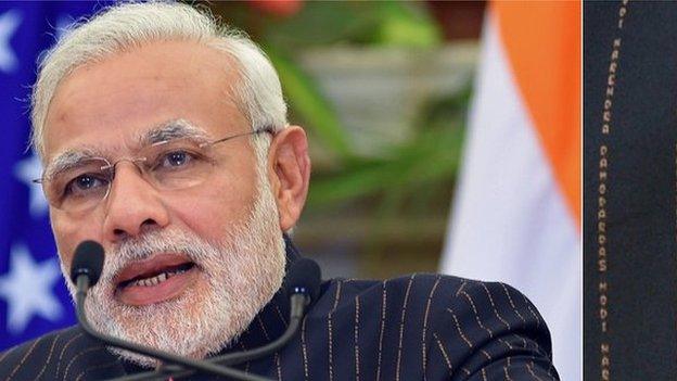 India Prime Minister Narendra Modi wearing the suit which shows stripes spelling out his name, during Obama visit to India in January 2015