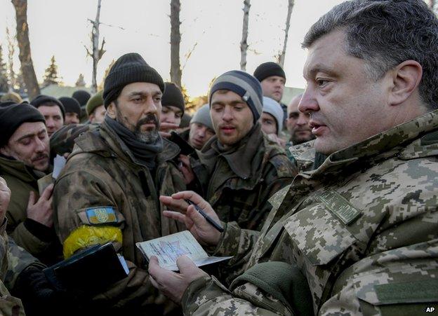 President Poroshenko with troops in Artemivsk, 18 Feb 15