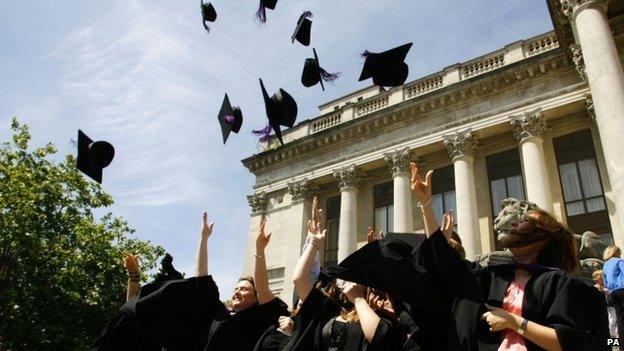 Graduates celebrating by throwing their mortaboard hats in the air