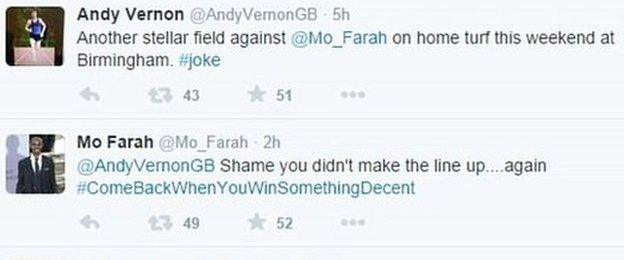 Andy Vernon and Mo Farah on Twitter