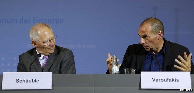German Finance Minister Wolfgang Schaeuble, left, and Greek Finance Minister Yanis Varoufakis in Berlin, Germany - 5 February 2015