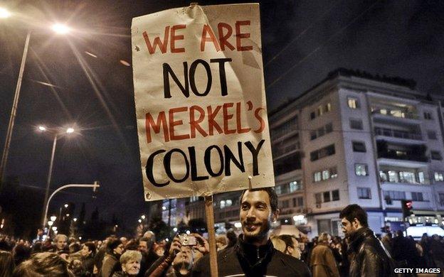 Thousands of demonstrators gather outside the Greek parliament in Athens - 5 February 2015