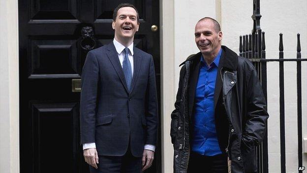UK Chancellor George Osborne, left, and Greek Finance Minister Yanis Varoufakis outside 11 Downing Street in London - 2 February 2015