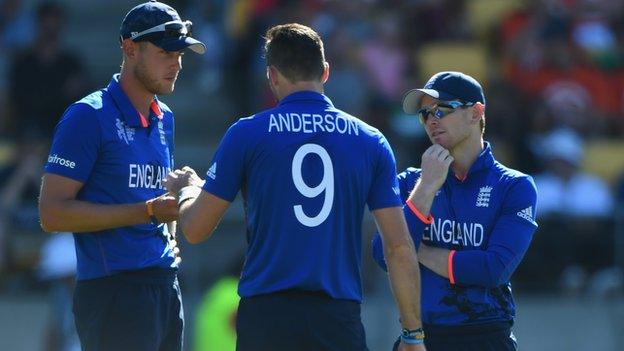 England's Stuart Broad, James Anderson and Eoin Morgan