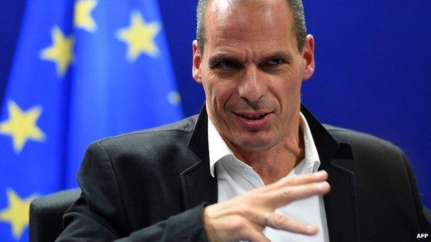 Greek Finance Minister Yanis Varoufakis holds a press conference after a Eurogroup finance ministers meeting at the European Council headquarters in Brussels - 20 February 2015