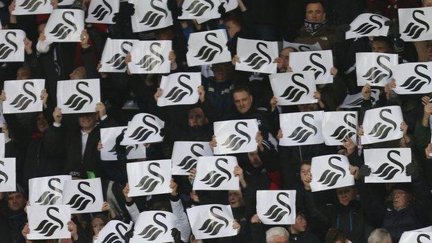 Swansea City fans with Swan placards