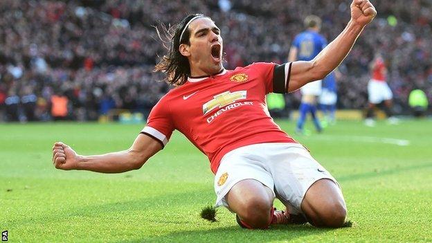 Manchester United striker Radamel Falcao celebrates against Leicester City