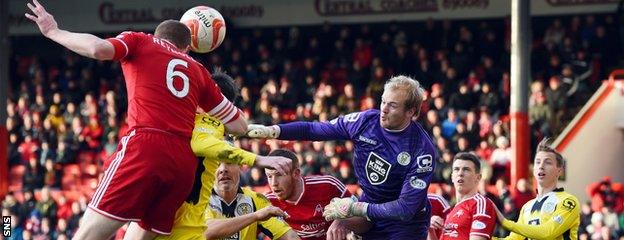 Mark Reynolds heads in Aberdeen's third and his third goal of the season