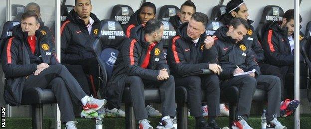 The Manchester United bench at Swansea