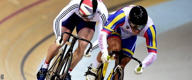 Great Britain's Jason Kenny (left) is beaten to the line by Venezuala's Hersony Canelon