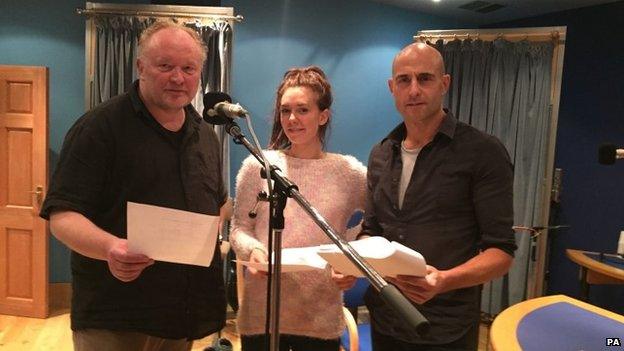 Bjarne Henriksen, Vanessa Kirby and Mark Strong during the recording of Victory