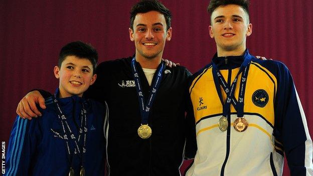 Matthew Dixon of Plymouth Diving, Gold Medallist Tom Daley of Dive London Aquatic Centre and Bronze Medallist Matty Lee