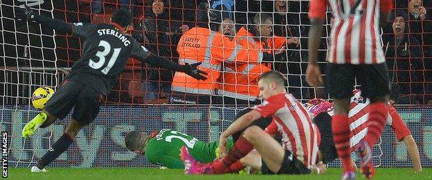 Raheem Sterling scores Liverpool's second goal against Southampton