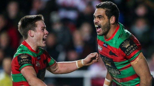 Luke Keary and Greg Inglis celebrate