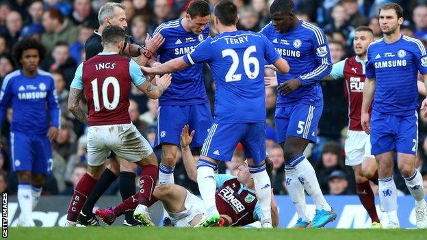 Chelsea midfielder Nemanja Matic (fourth from left) pushed Ashley Barnes to the ground