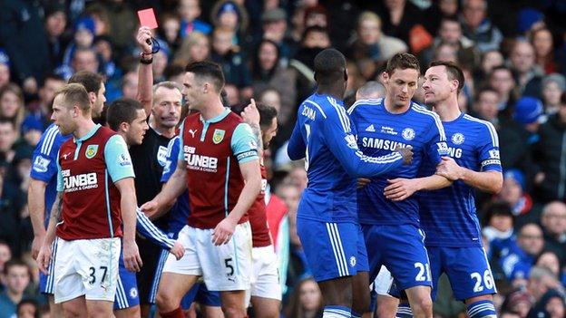 Chelsea midfielder Nemanja Matic is sent off against Burnley