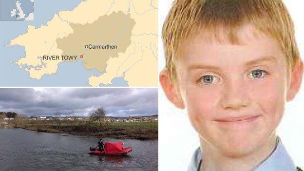 Composite image showing Cameron Comey, map of Carmarthen, and river search