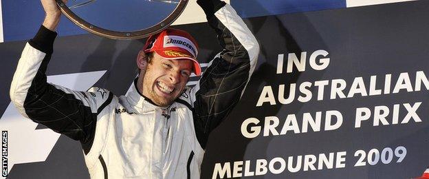 Jenson Button celebrates winning Australian Grand Prix