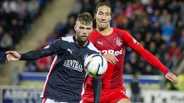 Rory Loy battles with Rangers defender Bilel Mohsni.