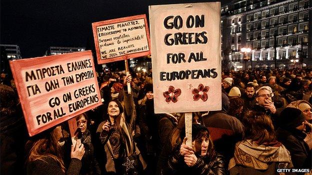 ATHENS, GREECE - FEBRUARY 11: Members of the public take part in an anti-austerity demonstration in front of the parliament on February 11, 2015 in Athens, Greece.