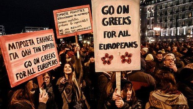 ATHENS, GREECE - FEBRUARY 11: Members of the public take part in an anti-austerity demonstration in front of the parliament on February 11, 2015 in Athens, Greece.