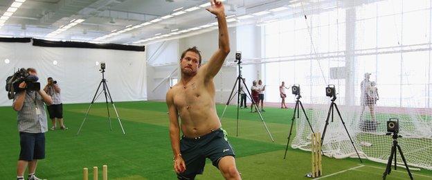 Australian bowler Ryan Harris in the nets at the National Cricket Centre in Brisbane