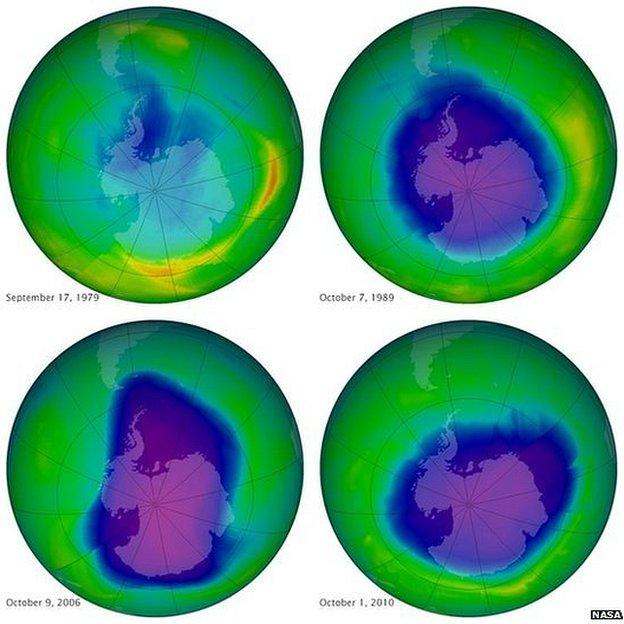 This undated image provided by NASA shows the ozone layer over the years, Sept. 17, 1979, top left, Oct. 7, 1989, top right, Oct. 9, 2006, lower left, and Oct. 1, 2010, lower right