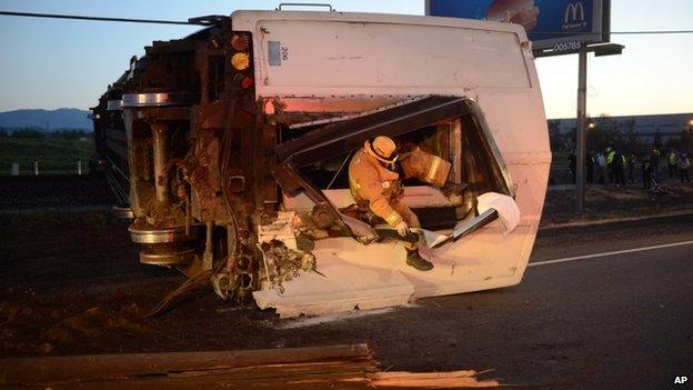 Fire fighter crawling out of carriage