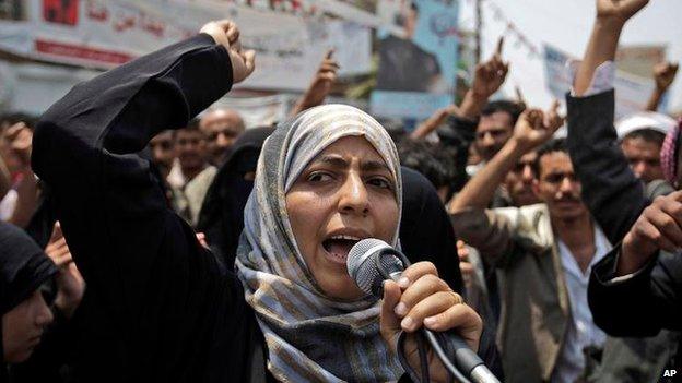 Yemeni activist Tawakul Karman chants slogans during a protest against Ali Abdullah Saleh in Sanaa, Yemen (27 June 2011)