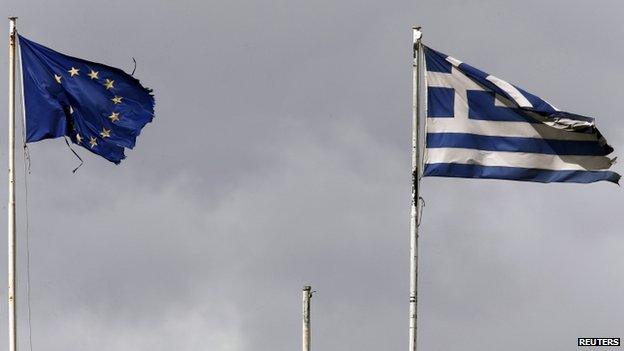 EU and Greek flags flutter on top of the Greek finance ministry (24 Feb)