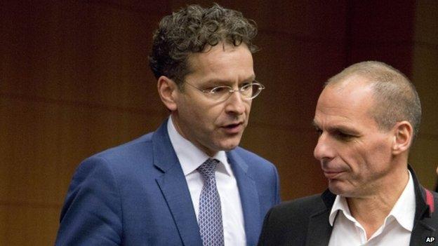 Eurogroup head Jeroen Dijsselbloem (L) with Greece's Yanis Varoufakis (20 Feb)