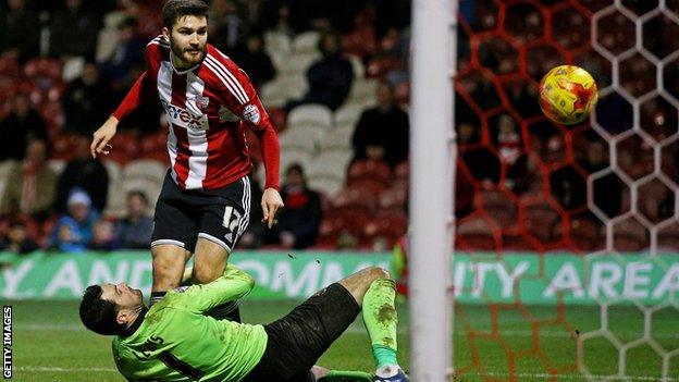 Brentford midfielder Jon Toral scores against Blackpool