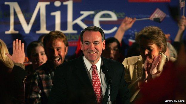 Mike Huckabee celebrates winning the Iowa caucuses in 2008.