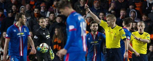 Warren was shown a red card late in the game for Inverness Caledonian Thistle