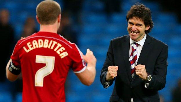 Aitor Karanka celebrates with Grant Leadbitter