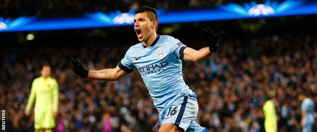 Sergio Aguero celebrates scoring against Barcelona