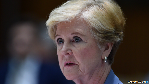 President of the Human Right Commission Prof. Gillian Triggs speaks during a Senate Estimates hearing at Parliament House in Canberra, Tuesday, Feb. 24, 2015.