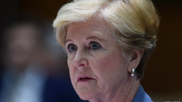 President of the Human Right Commission Prof. Gillian Triggs speaks during a Senate Estimates hearing at Parliament House in Canberra, Tuesday, Feb. 24, 2015.