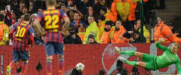 Lionel Messi scores a penalty versus Manchester City in the 2013-14 Champions League