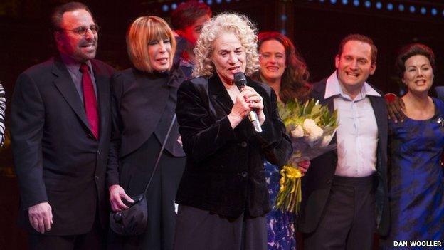 Carole King (centre) on stage with Barry Mann, Cynthia Weil and cast members of Beautiful