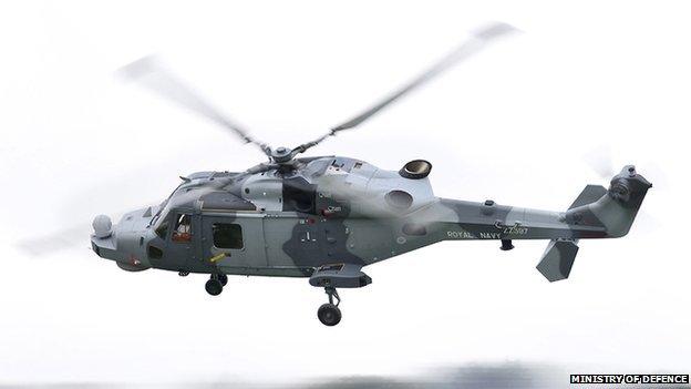 Royal Navy Wildcat Attack helicopter in flight in Somerset in 2013