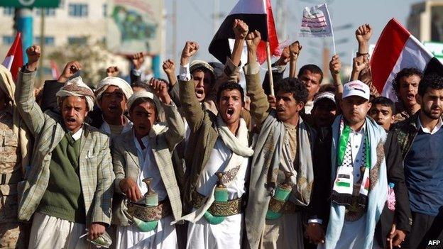 Houthi supporters demonstrate in Sanaa, Yemen, on 20 February 2015