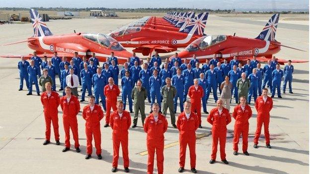 Red Arrows team with 50th anniversary tailfin