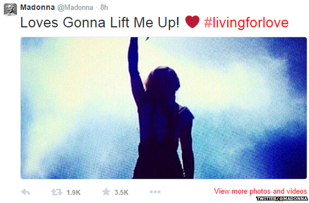 Tweet from @Madonna reading: "Loves Gonna Lift Me Up! #livingforlove"