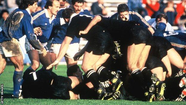 New Zealand players ruck over the ball during the inaugural Rugby World Cup in 1987