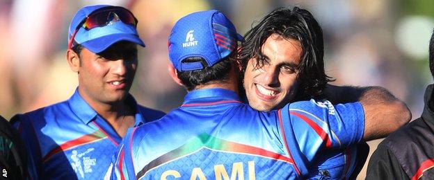 Samiullah Shenwari and Shapoor Zadran celebrate Afghanistan's win