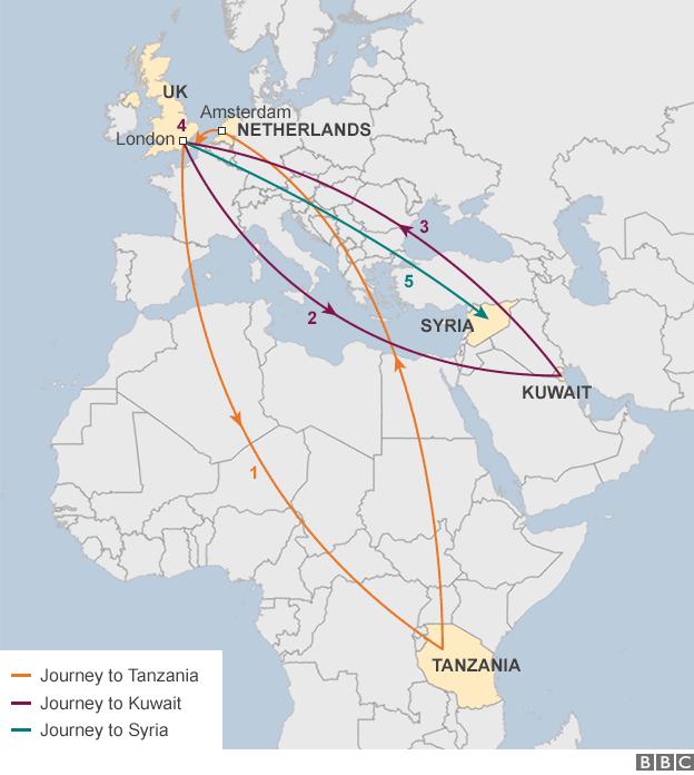 Map showing the movements of the masked Islamic State militant known as 'Jihadi John'