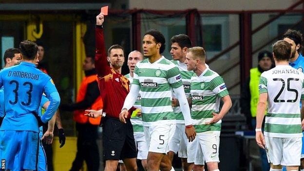 Virgil van Dijk is sent off by Slovakian referee Ivan Kruzliak