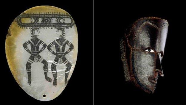 A pearl shell ornament known as a riji or jakuli, left, and a mask made from turtle shells from the Torres Strait Islands