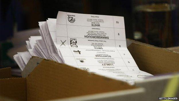 Ballot papers piled up during the 2010 General Election Count at Redditch Town Hall